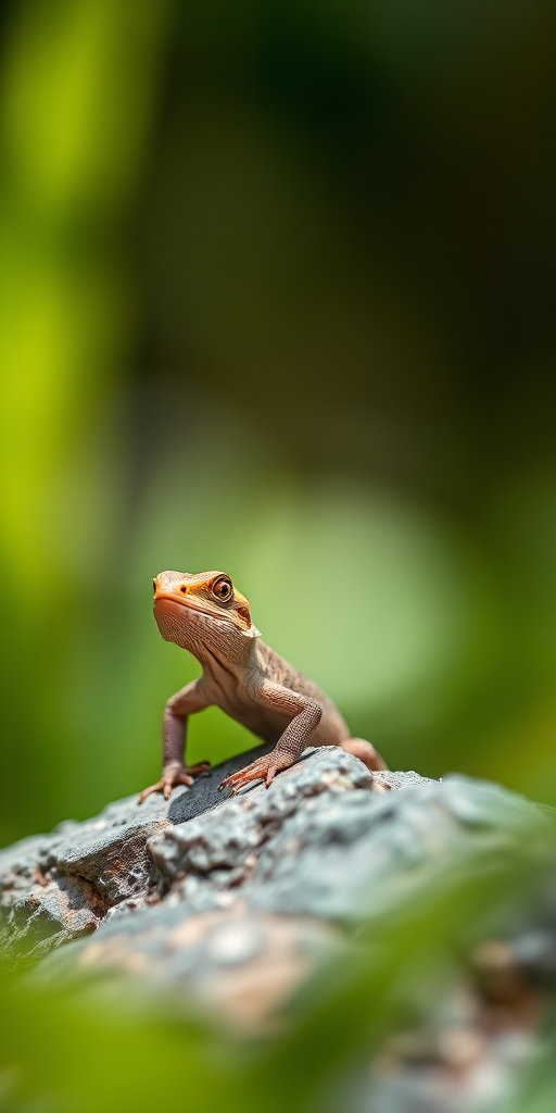 Lizard on a rock with a blurred green background, macro shot, aperture f/2.8, shutter speed 1/500s, ISO 100, taken with a DSLR camera, natural lighting, focus on the lizard with soft bokeh effect.