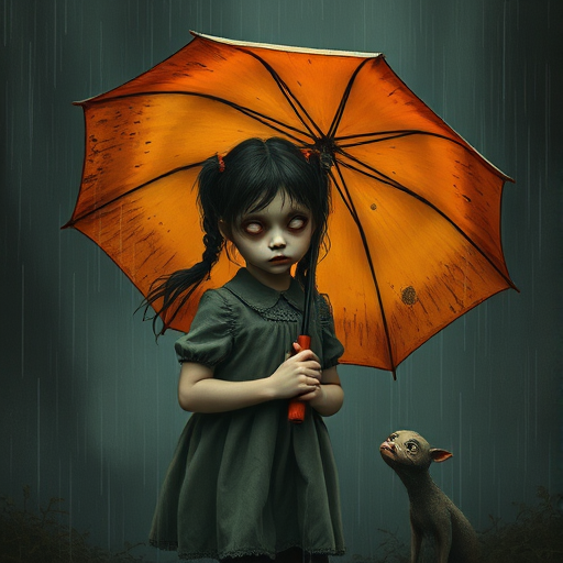 An eerie, weird little girl with dark hair in thin pigtails, wearing a smock dress, standing in the rain, holding a dirty orange umbrella, a small, odd creature beside her. In a surreal style inspired by Nicoletta Ceccoli and Brian Froud. Dark fantasy themes