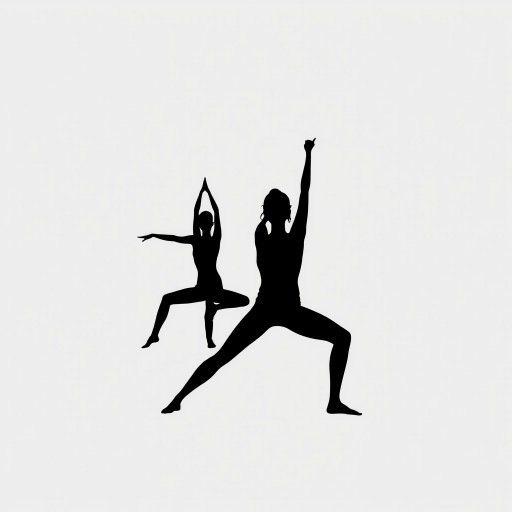 Create a minimalist artwork featuring three silhouettes in different yoga poses, with a soft gray background, using a digital drawing style, capturing with a high-resolution digital camera at f/8 aperture, 50mm lens, and a top-down view to enhance clarity and detail.