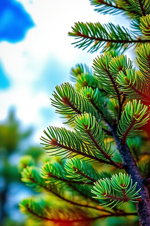 Generate a vibrant watercolor painting of a pine tree with a textured appearance, captured using a DSLR camera with a f/2.8 aperture, ISO 100, 50mm lens, and a shallow depth of field to enhance color richness and detail.