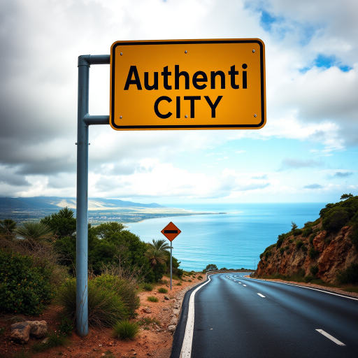 Create a hyper-realistic image of a road sign that reads "Authenti City" with a coastal view, a winding road leading to the horizon, cloudy skies above, shot with a DSLR camera at f/8, ISO 100, 24mm lens, in natural lighting, focus on vibrant colors and sharp details.