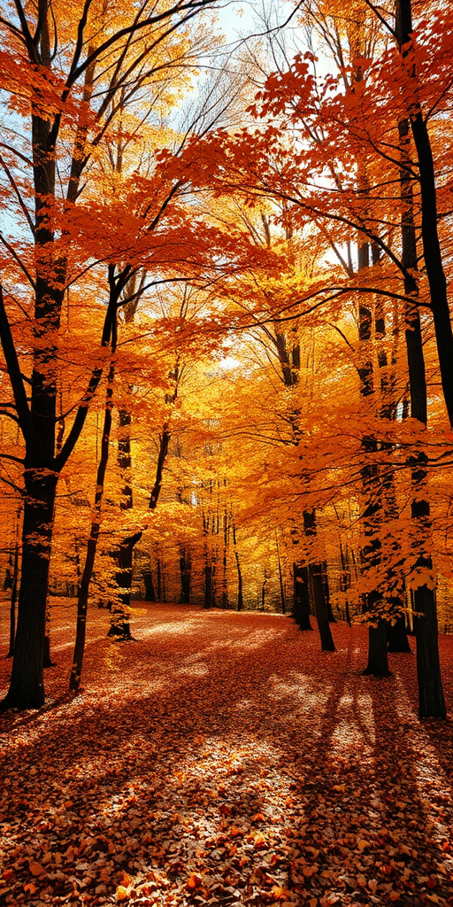 a picturesque autumn forest with trees displaying vibrant orange and yellow leaves, a carpet of fallen leaves on the ground, soft sunlight filtering through the branches, creating a warm and inviting atmosphere