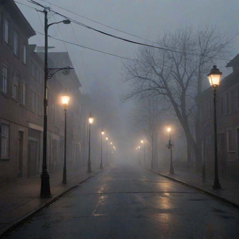 Quiet, foggy street in a sleepy town, lampposts casting a dim glow, and the distant sound of footsteps approaching from the mist.