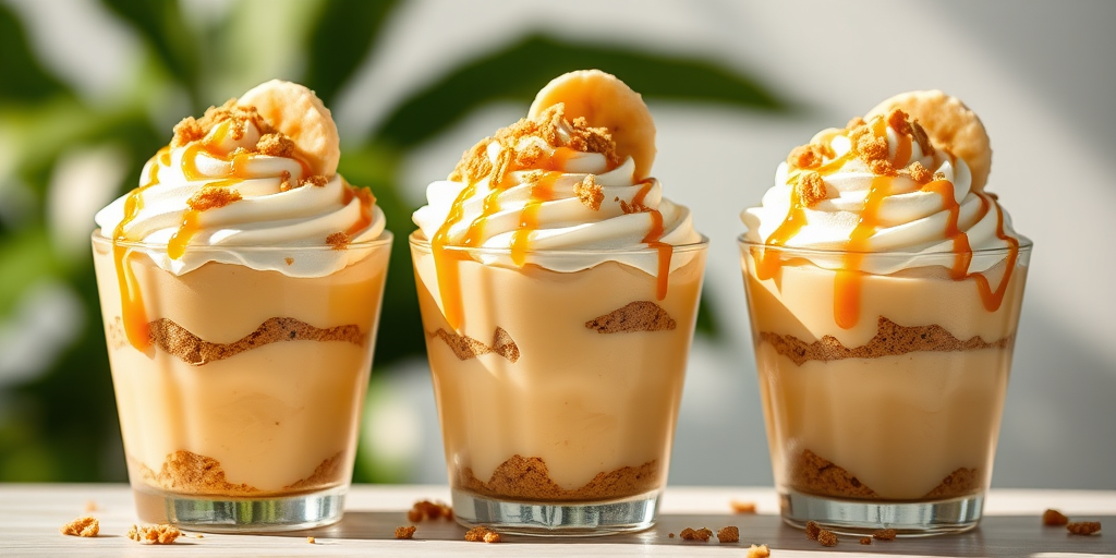 Create an image of three dessert cups layered with banana pudding whipped cream and crushed graham crackers topped with banana slices caramel drizzle and cookie crumbs in a bright setting.