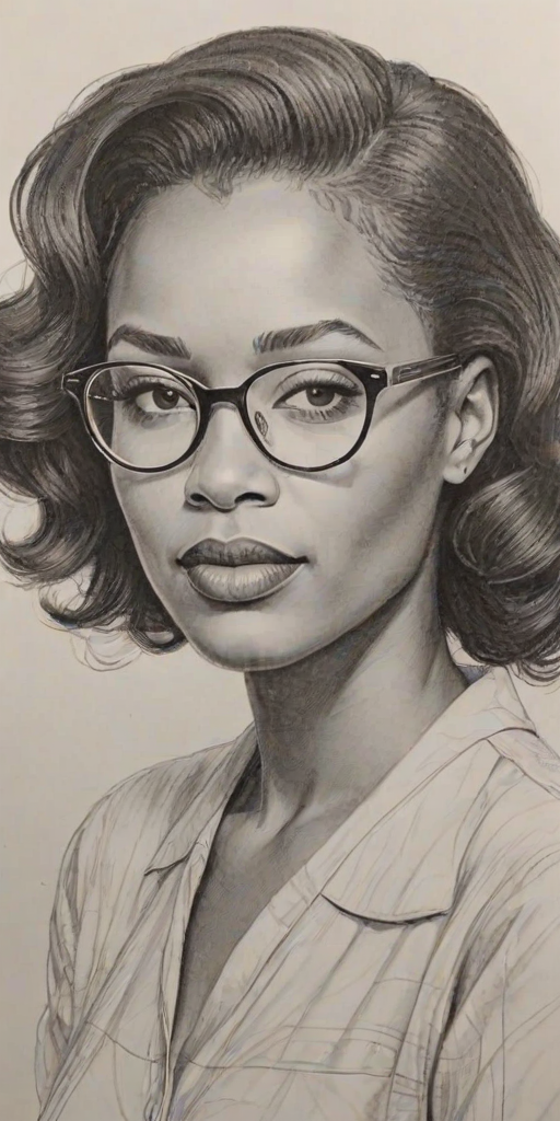 Gorgeous Zoe Mthiyane, pencil sketch, portrait of Captivating woman 1945s in glasses, hair style beatnik, outline, clear lines, fine lines, 8k