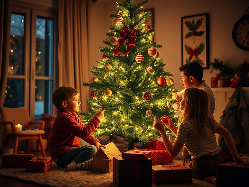 Warm, softly lit image of a family decorating a Christmas tree, soft glow from the string lights illuminating their faces, with presents and festive decorations scattered around.