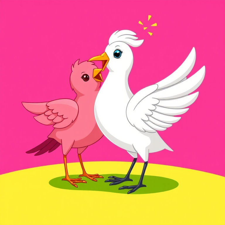 Create a vibrant cartoon-style illustration of two birds, one pink and one white, set against a bright pink background with a green ground, using a digital camera with 50mm lens, f/8 aperture, ISO 100, and vibrant color enhancement.