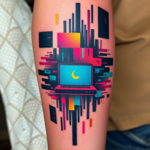 Glitch art tattoo named "Digital Dissonance" incorporating pixelated elements and distorted imagery to create the illusion of a digital malfunction on the skin, using bold colors and sharp contrasts
