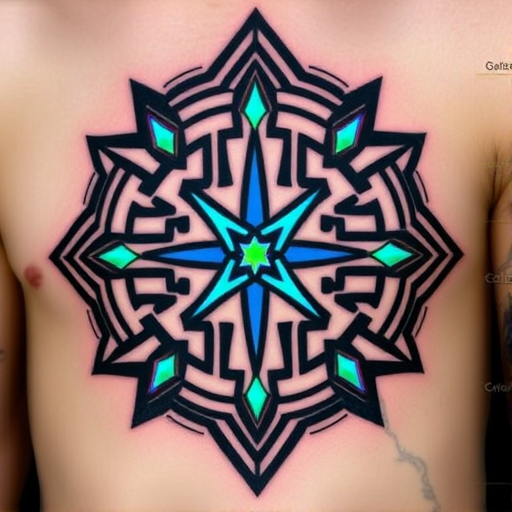 Striking "Neo-Tribal Fusion" tattoo combines traditional Polynesian patterns with futuristic geometric elements. Bold black lines form intricate maze-like designs, interspersed with electric blue and neon green accents. This modern take on tribal art features sharp angles and symmetrical shapes, creating a dynamic and visually captivating piece that seamlessly blends ancient and contemporary aesthetics.