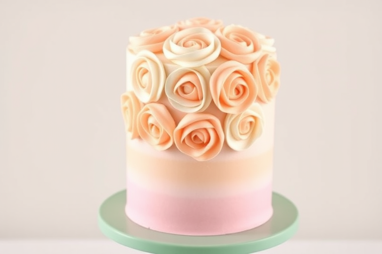 Create an image of a three-layer cake decorated with buttercream frosting designed to look like roses. The top layer should be white, the middle layer should be a soft peach color, and the bottom layer should be light pink. The cake should be displayed on a round green cake stand with a simple background.