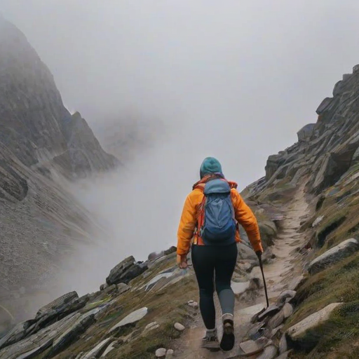 Foggy mountain pass, with thick mist swirling around the peaks, a woman in a bright jacket navigates the rocky trail, her breath visible in the cold air as she makes her way up the path.