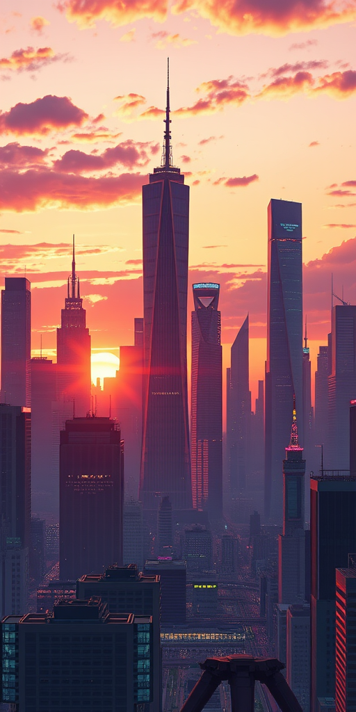 Create a detailed illustration of a futuristic city skyline at sunset with vibrant colors, focus on the tallest skyscrapers, use a wide-angle lens, aperture set to f/8, ISO 100, and a tripod for stability.