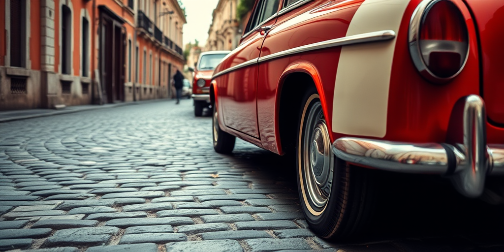Capture a vintage red car with white stripes parked on a cobblestone street, using a DSLR camera with a 50mm lens, aperture set to f/2.8, ISO 100, natural lighting, shot from a low angle to emphasize the car's curves and details.