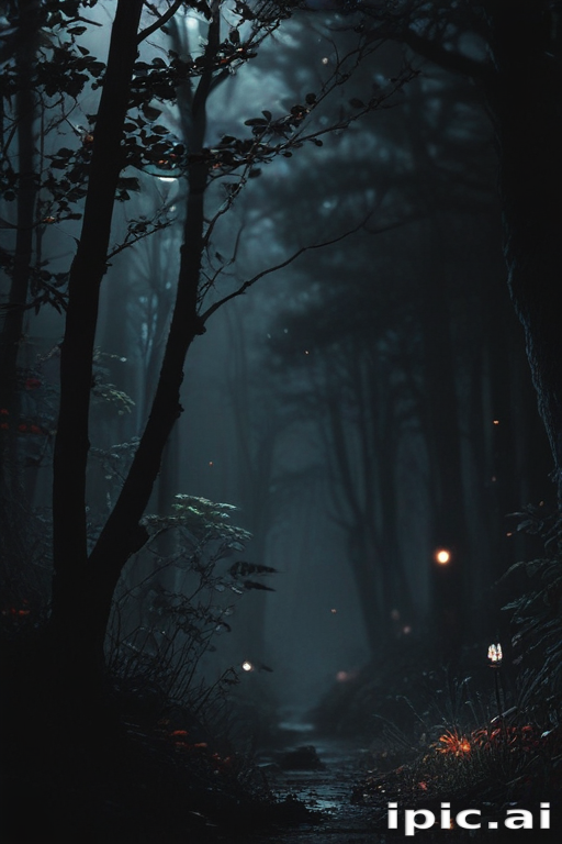 Enchanted Forest Path Illuminated by Soft Glowing Lights at Night