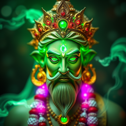 Create a vibrant image of a divine figure resembling a mythological god with a green aura and mystical elements, using a DSLR camera with a 50mm lens, aperture f/1.8, ISO 100, in a portrait view with soft lighting and bokeh effect for enhanced depth.
