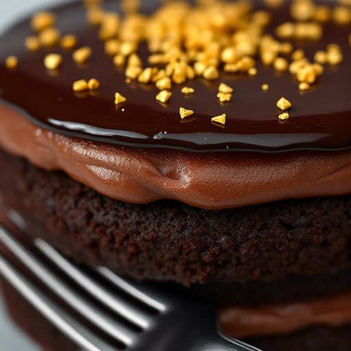 Close-up of a decadent chocolate cake with layers of rich frosting, soft light highlighting the glossy ganache and sprinkles of edible gold on top, with a fork resting beside it.