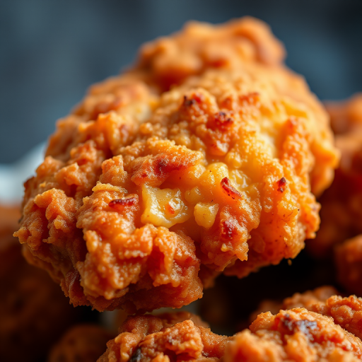 Generate a highly detailed close-up image of a piece of fried chicken, with rich textures and crispy surface, using a DSLR camera with a 50mm lens, aperture set to f/2.8, ISO 100, natural lighting, and a shallow depth of field for enhanced clarity.