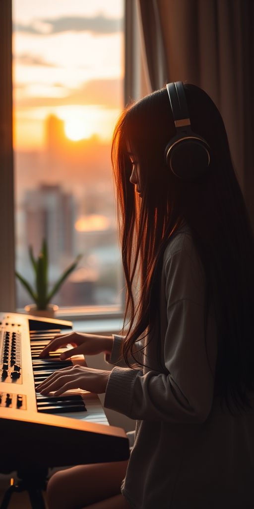 A girl with long black hair wearing headphones sits at a keyboard in a cozy room, soft golden light from a sunset filters through a window, city skyline visible in the background, shot with a Canon EOS R5, 50mm lens, f/1.8, ISO 100, soft focus on background for depth.