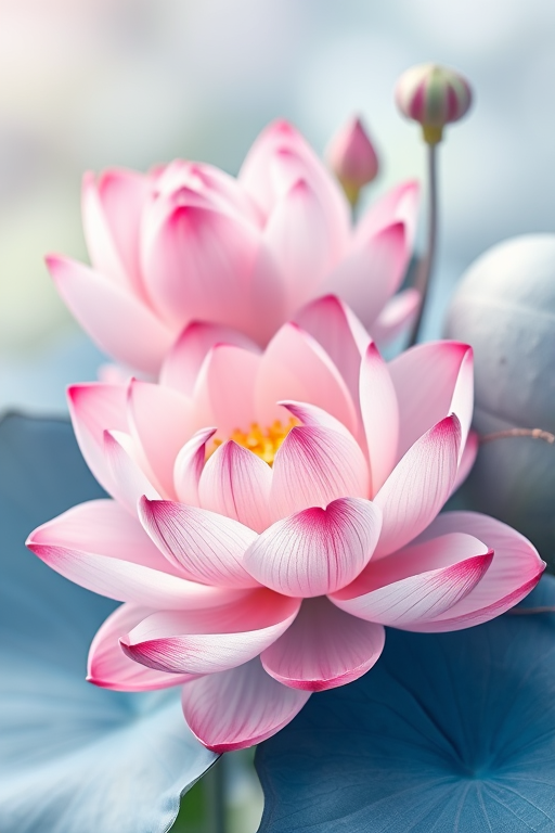 Create a high-resolution floral design featuring soft pastel pink and blue lotus flowers with ornate leaves and delicate accents, captured with a DSLR camera at f/2.8 aperture, ISO 100, with a shallow depth of field and a soft focus background to enhance the intricate details of the flowers.