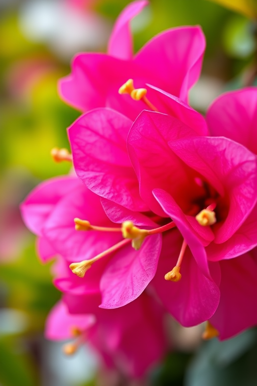 Macro shot of vibrant pink bougainvillea flowers with green bracts in soft focus background, aperture f/2.8, shutter speed 1/250s, ISO 100, Canon EOS 5D Mark IV, natural light, shallow depth of field.
