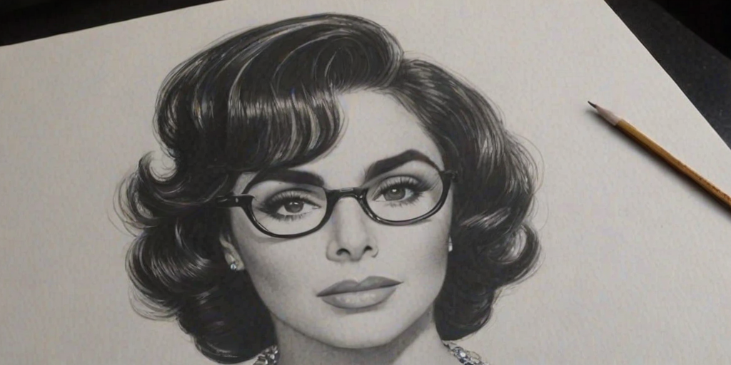 Superb Elizabeth Taylor, pencil sketch, portrait of Magnificent woman 1967s in glasses, hair style beatnik, outline, clear lines, fine lines, 8k