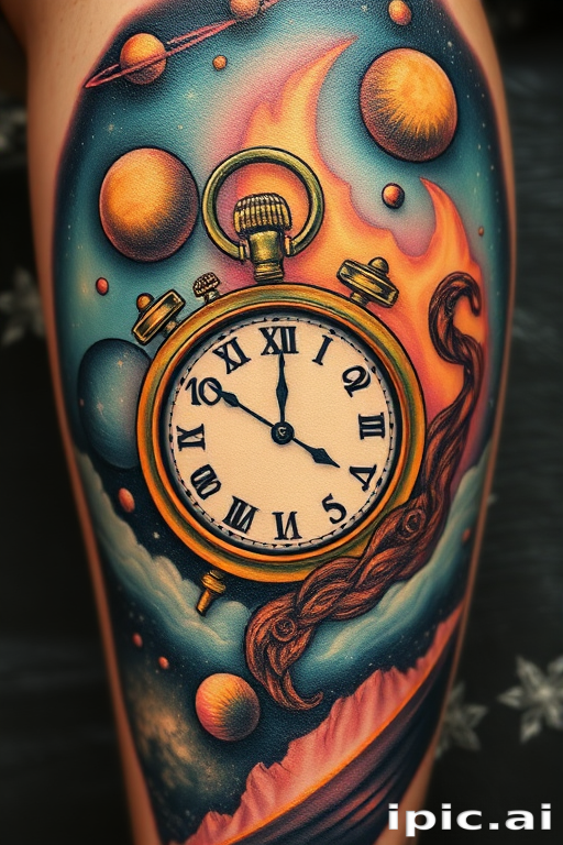 Surrealist tattoo blending dreamlike elements into a cosmic landscape, Salvador Dali-inspired melting clocks floating among celestial bodies, otherworldly color palette with metallic accents
