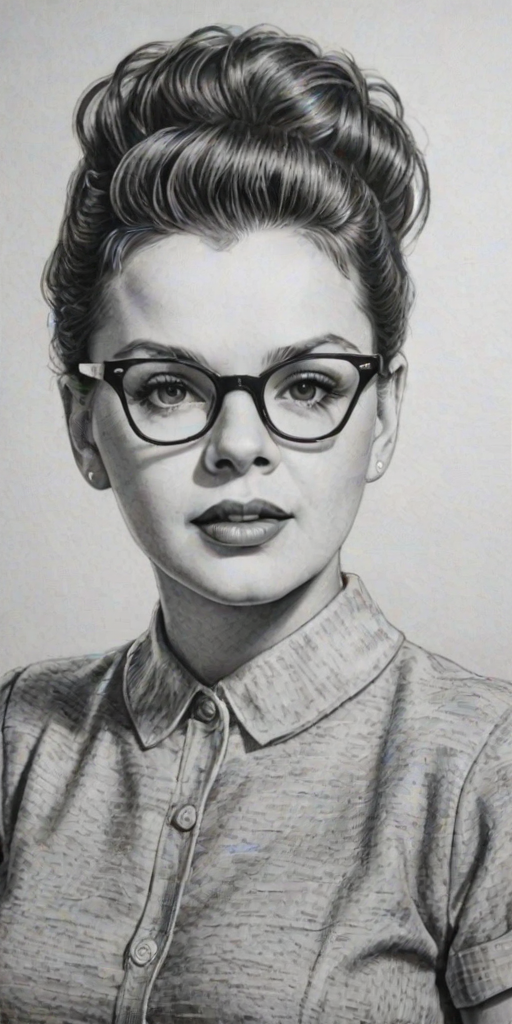 Comely Judy Garland, pencil sketch, portrait of Ravishing woman 1963s in glasses, hair style beatnik, outline, clear lines, fine lines, 8k