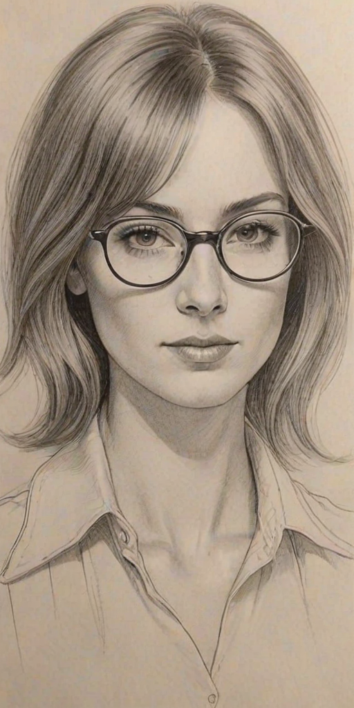 Enticing Laura Innes, pencil sketch, portrait of Charming woman 1974s in glasses, hair style beatnik, outline, clear lines, fine lines, 8k