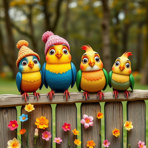 create a scene of 4 quirky  whimsical colourful comical birds each with a funny expression. they are sat on a wooden fence with colourful flowers. they are all different sizes. each one is a different colour  one is wearing a woolly hat. Each one has a different quirky google expression and there is a muted background of trees watercolour paintierly style high definition 8k resolution 3D paper mache