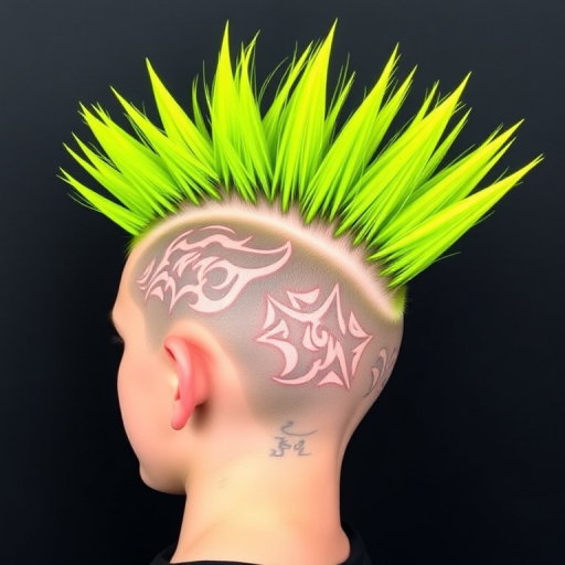 Vibrant lime green mohawk named "Toxic Spikes," features a tall, sculpted center strip with shaved sides adorned with intricate tribal-inspired patterns, creating a bold and edgy punk rock-inspired look