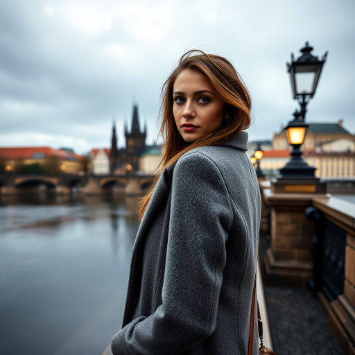 cinematic photo from above, waist up shot, sharp focus, a beautiful woman in foreground, in Prague, at the Charles Bridge, river in background, overcast rainy day, wearing long grey wool coat, warm rich color palette