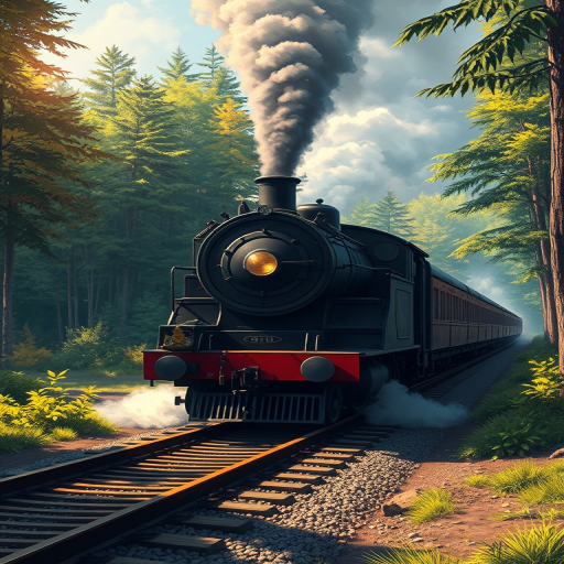 Create a high-resolution illustration of a vintage steam train traveling through a lush forest, capturing rich details and vibrant colors, using a Canon EOS R5 with a 50mm lens at f/8 for sharp focus, ISO 100, and natural lighting to enhance the contrast and depth in the scene.