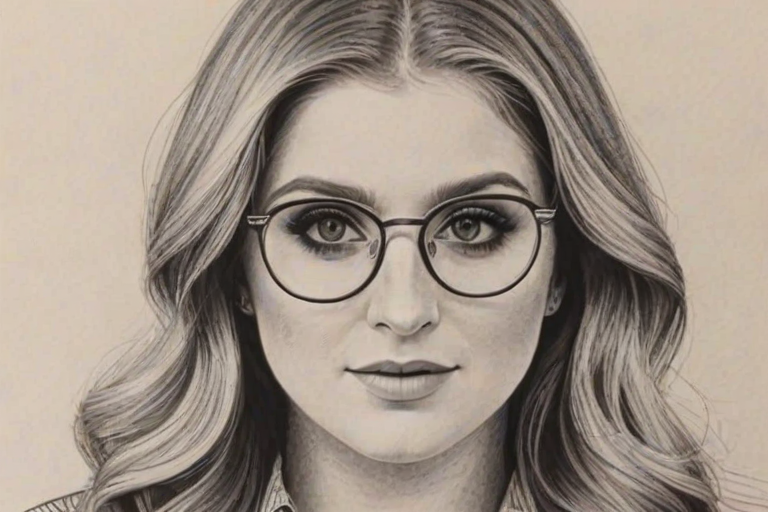Radiant Meghan Trainor, pencil sketch, portrait of Enchanting woman 1968s in glasses, hair style beatnik, outline, clear lines, fine lines, 8k