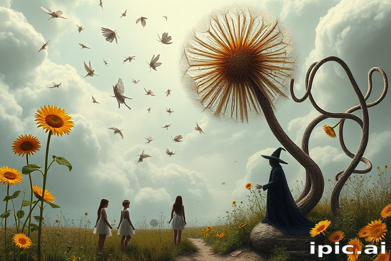 A surreal allegory featuring ethereal fairies, towering sunflowers, and an enigmatic witch, all set within a dreamlike landscape. The scene is dominated by a colossal dandelion, its delicate seeds floating through the air, reminiscent of Yves Tanguy's abstract forms. The environment is a blend of otherworldly elements and natural beauty, with twisted, elongated shapes and surreal colors that evoke a sense of mystery and enchantment.