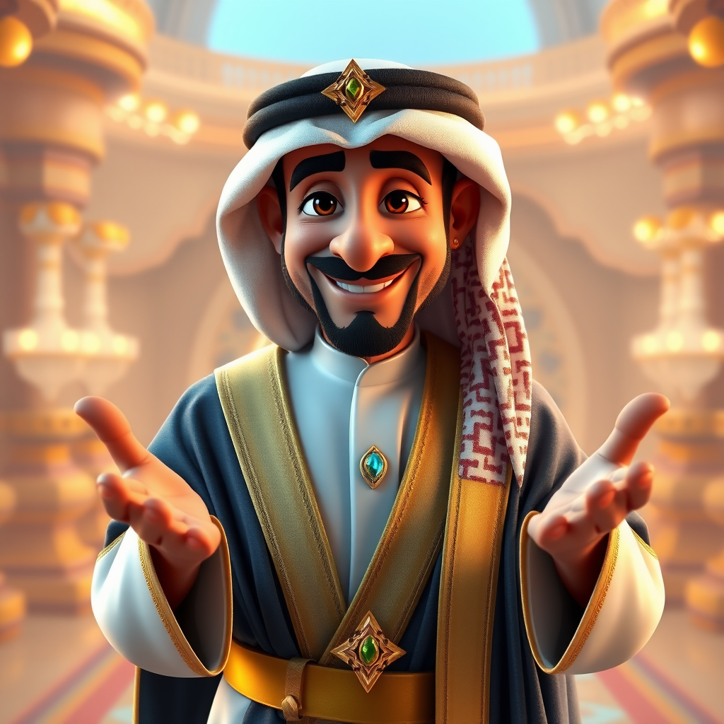 Create a 3D rendering of a wealthy Arab male sheikh from Dubai, inspired by the Disney animation style. The sheikh must have a smile and a playful but wise character. Place your character in an atmosphere of wealth and luxury. The image must be in high resolution format. Dynamic pose above the waist, gesturing with hands (Pixar Art style)++ highly detailed digital painting, art stations, concept art, soft focus, hard focus, illustrations. cinematic, visual effects, HDR, Unreal Engine 5, ray tracing, soft light, 8k, high detail, sparkling backlighting, luxury gem, game art, 3d, cartoon, colorful, magical, mysterious