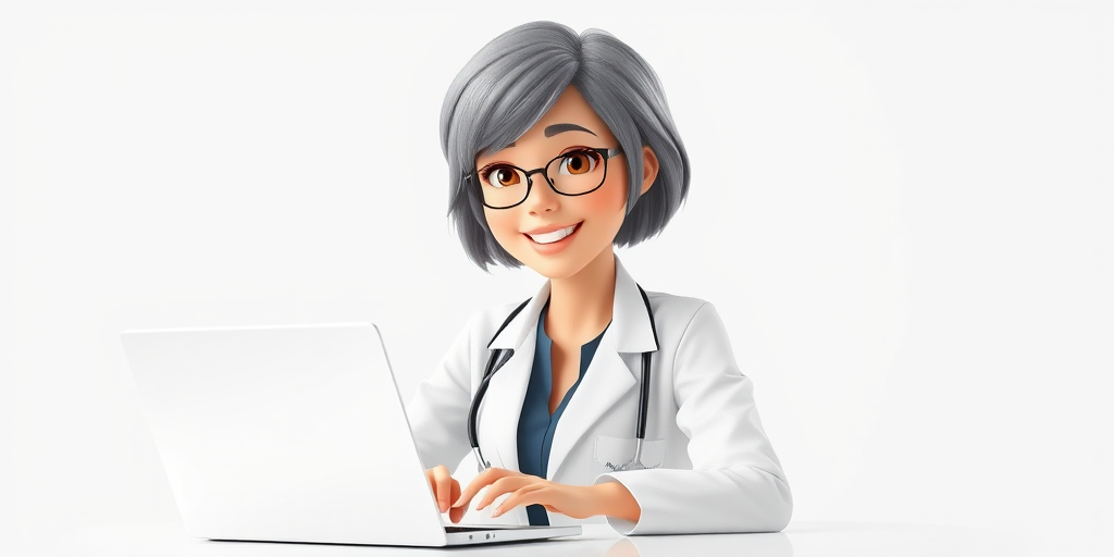 Create an animated character of a woman with short, gray hair in a white lab coat, smiling confidently while typing on a laptop, set against a plain white background, captured with a Canon EOS R5 at f/2.8, ISO 100, 1/200s, portrait orientation, soft lighting to enhance details.