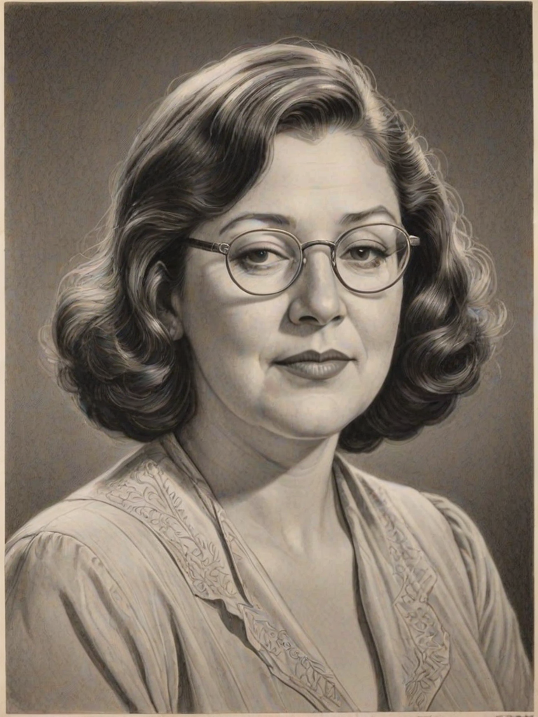 Graceful Margo Martindale, pencil sketch, portrait of Bewitching woman 1932s in glasses, hair style beatnik, outline, clear lines, fine lines, 8k