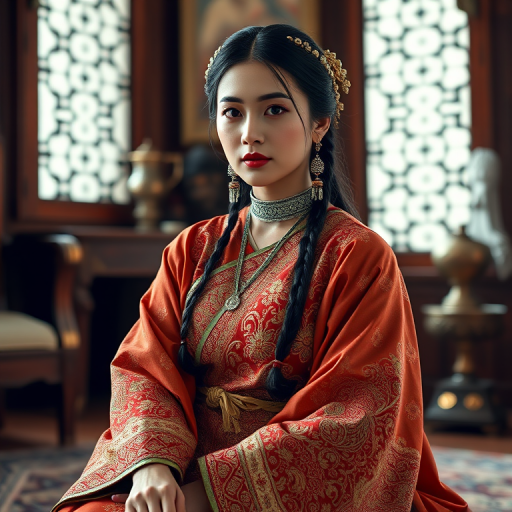 A beautiful Kurdish woman in traditional East Asian attire, intricately detailed with embroidered patterns, sitting gracefully in a richly decorated room, soft ambient lighting, serene and elegant, ultra-realistic, 8K resolution