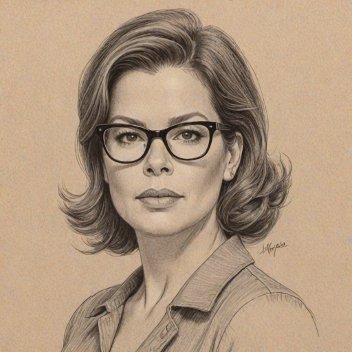 Fetching Marcia Gay Harden, pencil sketch, portrait of Enchanting woman 1959s in glasses, hair style beatnik, outline, clear lines, fine lines, 8k