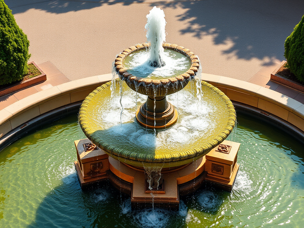 Generate a high-quality image of a three-tiered fountain with water flowing, captured with a DSLR camera, using a 35mm lens at f/8 aperture, ISO 200, in natural light, from an aerial view to showcase the fountain's symmetry and details.