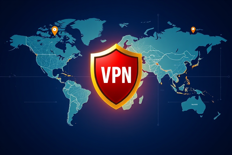 Create a high-resolution vector illustration of a world map with a VPN shield at the center, showcasing network connections and pins, using a Canon EOS 5D Mark IV, 50mm lens, f/2.8 aperture, ISO 100, shot from a top-down view in a vibrant color palette.