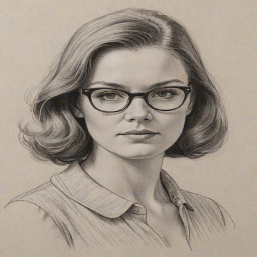 Elegant Jessica Hynes, pencil sketch, portrait of Comely woman 1963s in glasses, hair style beatnik, outline, clear lines, fine lines, 8k