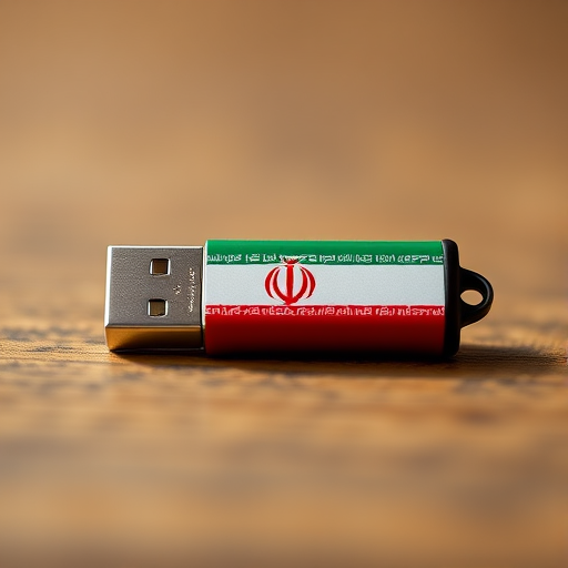 Create a high-resolution image of a USB flash drive with the Iranian flag design, using a DSLR camera with a 50mm lens, aperture set to f/1.8, ISO 100, and a slight depth of field to enhance focus on the flash drive against a blurred background.