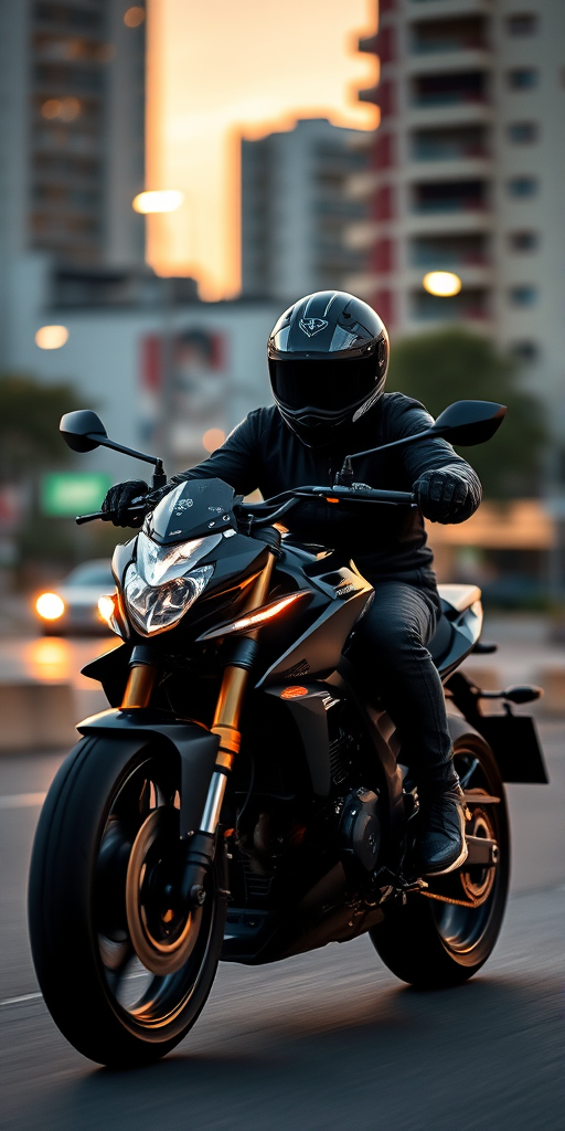 Generate a high-quality image of a motorcyclist in full black gear racing on a sleek black motorcycle, set against a blurred urban backdrop at dusk, using a DSLR camera with a 50mm f/1.8 lens, at ISO 100, 1/500 sec shutter speed, and aperture set to f/2.8 for enhanced depth of field and motion blur.