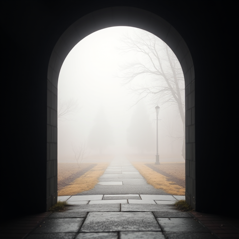 Generate an image of a foggy archway leading to a path with trees in the distance, using a DSLR camera type, 24mm focal length, f/8 aperture, ISO 200, captured in a wide angle view with high contrast and soft focus effect.