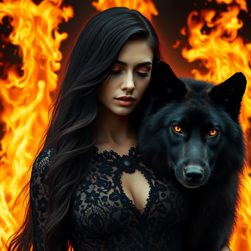 A woman with long dark hair, wearing a black lace dress that seamlessly blends into her skin with intricate floral patterns. She is in the foreground, with a black wolf beside her; its fur is midnight black, and it has glowing, intense, orange eyes that match hers. Her eyes are partially closed with burning embers above them, giving a fiery and mystical aura. The background is engulfed in tall, roaring flames, contributing to an overall dark and supernatural atmosphere. The colors are intense, predominantly black, fiery orange, and deep reds, with sharp contrast highlighting the mysterious and fierce theme. The flames are bright and dynamic, casting dramatic light and shadow, illuminating the woman and wolf while leaving parts in near darkness. The image evokes a sense of otherworldly power and connection between the woman and the wolf.