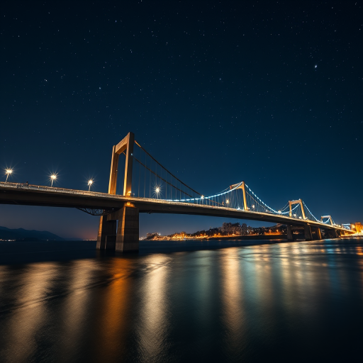 high-resolution night photography of a bridge over water with stars in the sky, long exposure to capture light reflections, f-stop 11, ISO 100, 30-second exposure, wide-angle lens, DSLR camera, slight vignette effect for depth