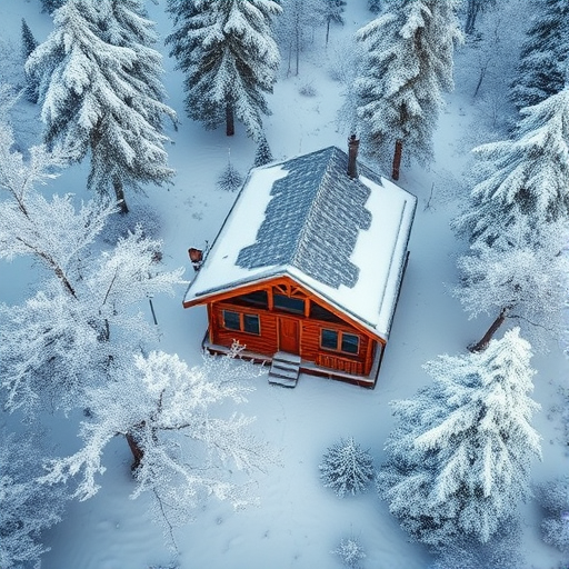 A serene winter landscape featuring a cozy wooden cabin surrounded by frosted trees and snow, captured with a DSLR camera, 50mm lens, f/2.8, ISO 100, 1/200 sec, natural light, aerial view, emphasizing the contrast between the cabin and the snowy surroundings.