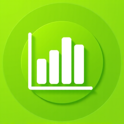 Create a simple and modern bar graph icon on a vibrant green circular background, use a high-resolution camera with f/2.8 aperture, ISO 100, and a 35mm lens from a front view to enhance image quality.