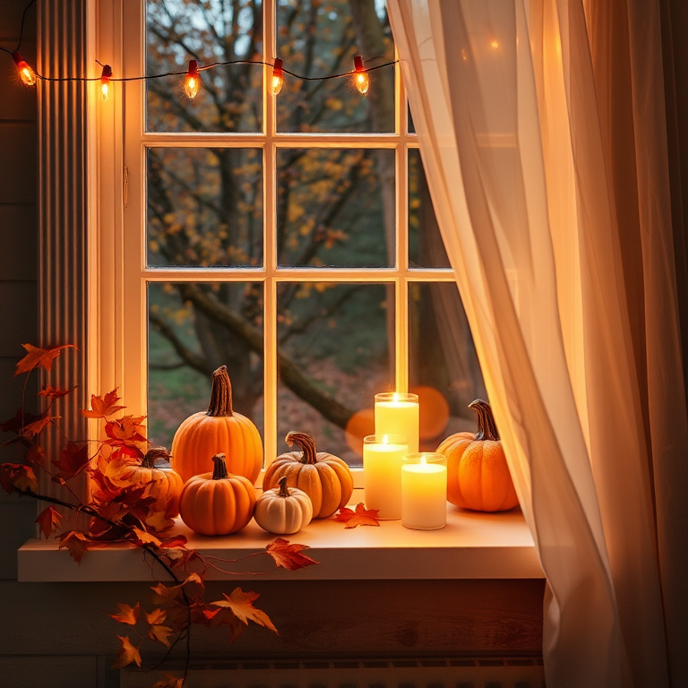 Cozy autumn scene with a window view decorated with warm fairy lights pumpkins and candles glowing softly on a windowsill surrounded by autumn leaves and a gentle curtain draping in the breeze